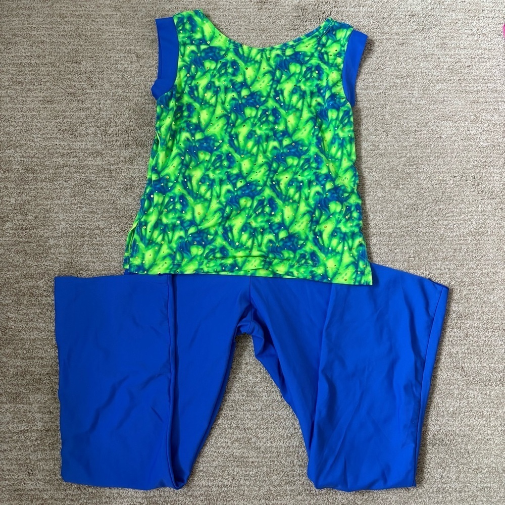 Blue , Green and Purple Dance Costume Short Sleeve Top and Pants - Size Large